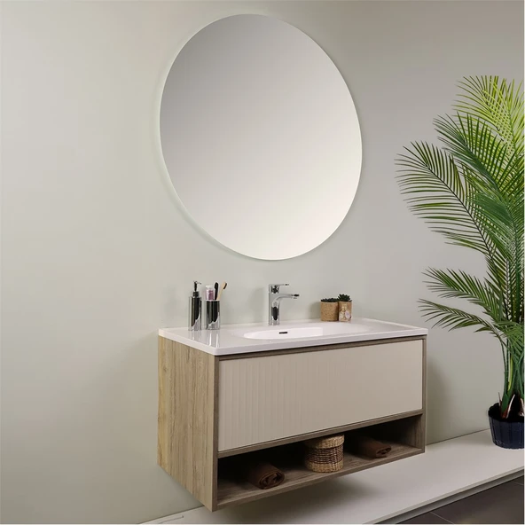 Kobos Elegant 100 cm Banyo Dolabı Seti Light Walnut + Luna - Resim 2