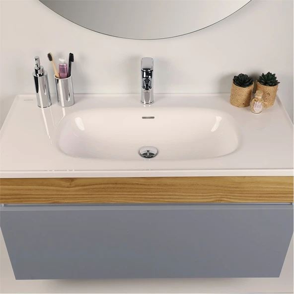 Kobos Harmony 100 cm Banyo Dolabı Seti Light Grey + Meguro - Resim 5