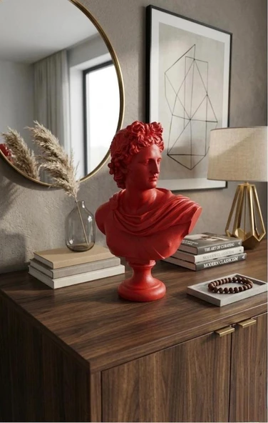 Dekoratif Apollo Büst Biblo – Antik Yunan Heykel Tarzı, Biblo Kırmızı Lüks Salon Konsol Süs Objesi ( polyester) ürün görseli 1
