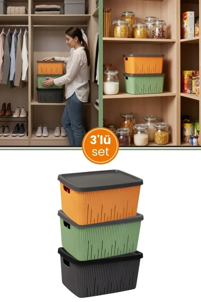 Flora 3'lü Kapaklı Dolap İçi Düzenleyici Sepet Seti, Banyo Mutfak Buzdolabı Oyuncak Kutusu 3x7 Litre ürün görseli 1