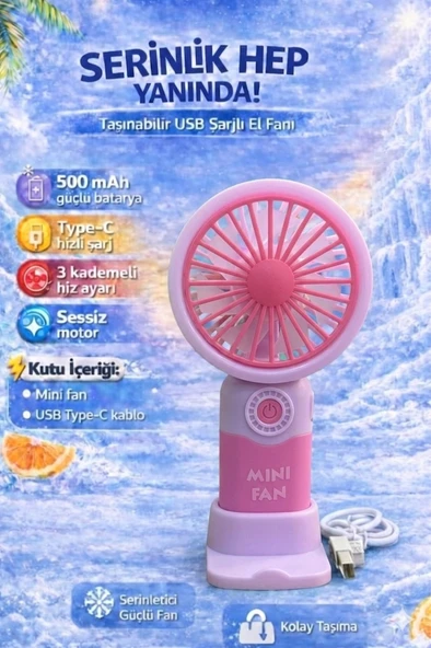 Fitfiyat Pudra Pembe Mini Taşınabilir Sessiz El Fanı 3 Hız Ayarl Mini El Pervanesi Soğutucu-vantilatör ürün görseli 1