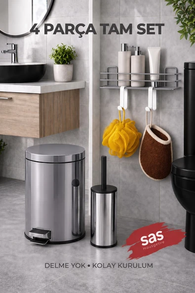 4 Parça Banyo Aksesuar Seti Yapışkanlı Duvar Rafı 5 LT Çöp Kovası Tuvalet Fırça Krom Titan 7104 ürün görseli 1