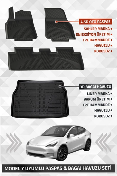 Tesla Model Y 2020-2024 Uyumlu SAHLER 4.5D Premium Havuzlu Oto Paspas ve LİNER Marka 3D Bagaj Havuzu - Model Y ürün görseli 1