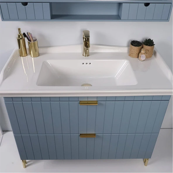 Kobos Noble 100 cm Banyo Dolabı Seti Light Blue - Resim 5