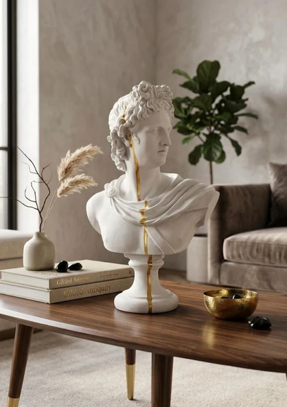 Dekoratif Apollo Büst Biblo – Antik Yunan Heykel Tarzı, Biblo Beyaz Gold Lüks Salon Konsol Süs Objesi ( polyester) ürün görseli 1
