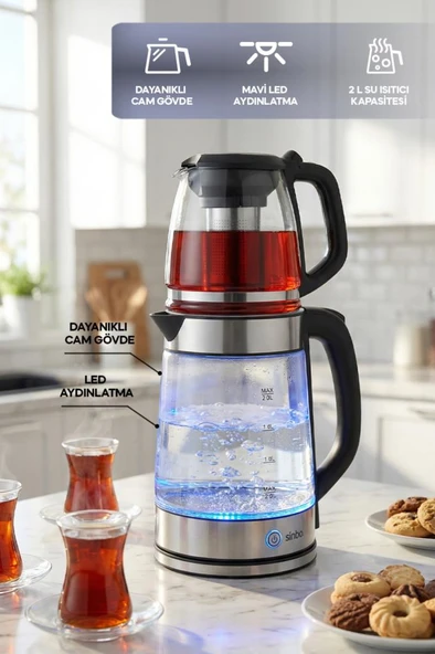 Sinbo STM-5990 2’si 1 Arada Çay Makinesi ve Kettle 2.0 L + 1.2 L Cam Demlik ürün görseli 1