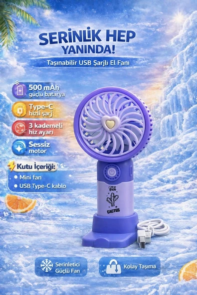 Fitfiyat Mor Mini Taşınabilir Sessiz El Fanı 3 Hız Ayarlı Mini El Pervanesi Soğutucu-vantilatör ürün görseli 1