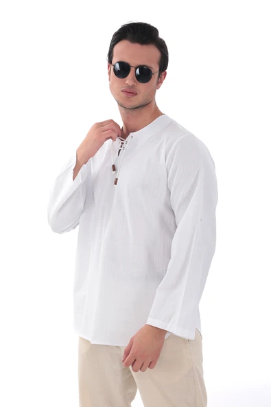 Oversize Erkek Gömlek  İpli Yakasız %100 Pamuk Beyaz ürün görseli 1