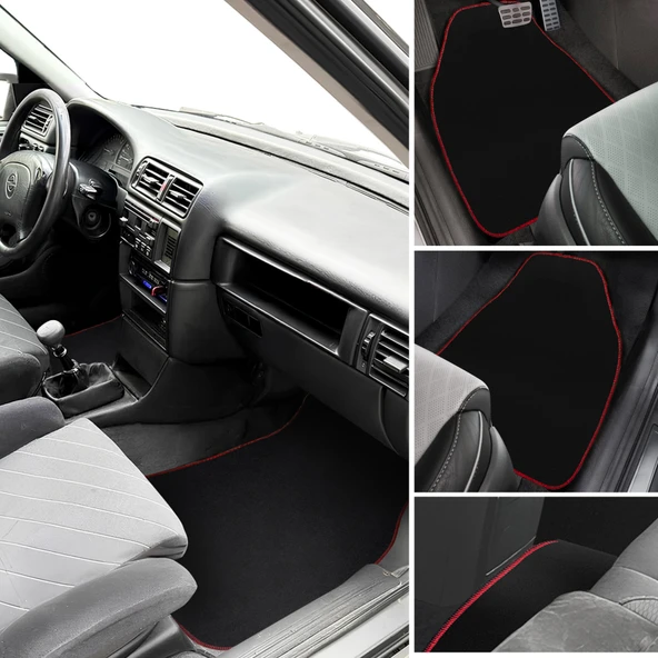Opel Vectra A Kasa Uyumlu Kırmızı Kenarlı Araç Oto Halı Paspas Seti - 5 Parça Siyah ürün görseli 1