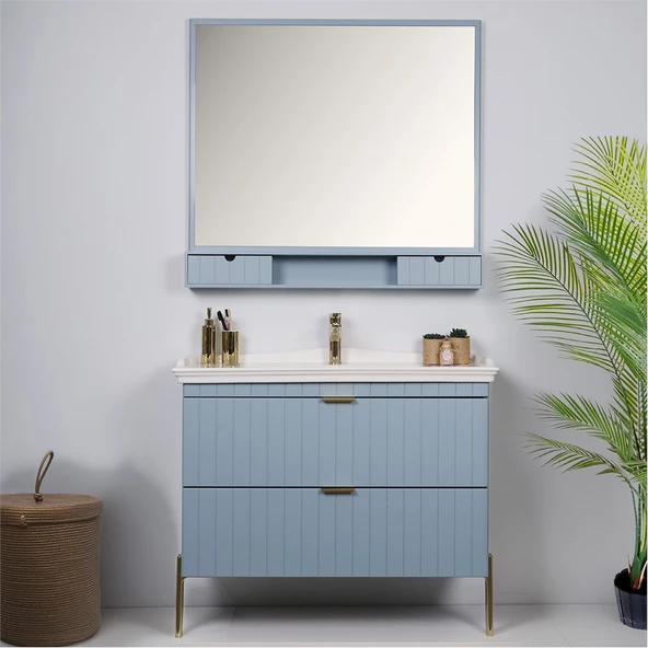 Kobos Noble 100 cm Banyo Dolabı Seti Light Blue - Resim 3