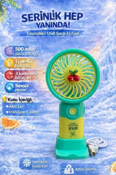 Fitfiyat Turkuaz Mini Taşınabilir Sessiz El Fanı 3 Hız Ayarlı Mini El Pervanesi Soğutucu-vantilatör ürün görseli 1