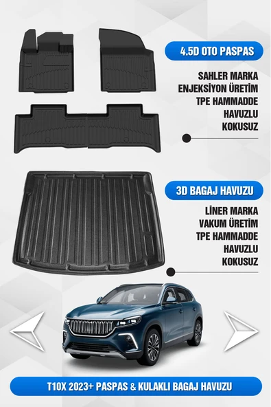 TOGG T10X Uyumlu SAHLER 4.5D PRO Premium Oto Paspas ve LİNER Marka 3D Kulaklı Bagaj Havuzu ürün görseli 1