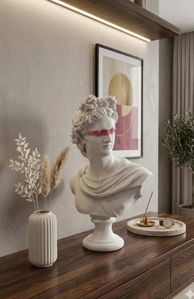 Dekoratif Apollo Büst Biblo – Antik Yunan Heykel Tarzı, Biblo Beyaz Pembe Lüks Salon Konsol Süs Objesi ( polyester) ürün görseli 1