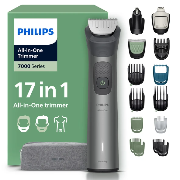 Philips Multigroom Series 7000 Hepsi Bir Arada Yüz, baş ve vücut için 17 parçalı sakal düzeltici ve saç düzeltici, kendiliğinden bilenen metal bıçaklar, 26 uzunluk ayarı (0,5-20 mm), model MG7961/15 ürün görseli 1