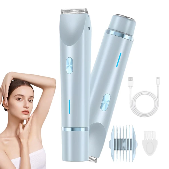 2'si 1 arada Kadın Vücut Tıraş Makinesi Saç Düzeltici Çift Kafa Tıraş Makinesi Kadınlar için IPX7 Su Geçirmez Kablosuz Islak ve Kuru Bikini Giyotin (Mavi) ürün görseli 1