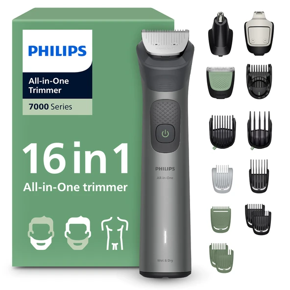 Philips Multigroom Series 7000 Hepsi Bir Arada Yüz, baş ve vücut için 16 parçalı sakal düzeltici ve saç düzeltici, kendiliğinden bilenen metal bıçaklar, 21 uzunluk ayarı (0,5-16 mm), model MG7931/15 ürün görseli 1