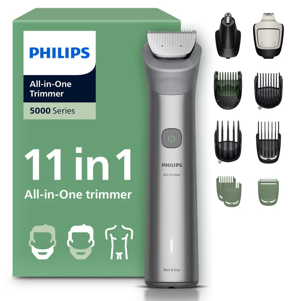 Philips  Multigroom Series 5000 Hepsi Bir Arada Yüz, baş ve vücut için 11 parçalı sakal düzeltici ve saç düzeltici, kendiliğinden bilenen metal bıçaklar, 17 uzunluk ayarı (0,5-16 mm), model MG5951/15 ürün görseli 1