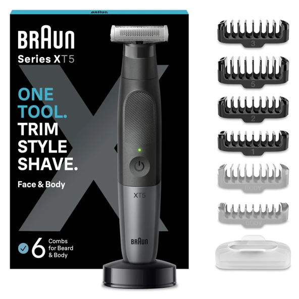 Braun Serisi XT5 Yüz ve Vücut, Elektrikli Tıraş Makinesi, Sakal Düzeltme Makinesi ve Vücut Düzeltici, +8 Aksesuar, 4D Esnek Bıçak Şarj İstasyonu, Dayanıklı, 6 Ay, 45 Dakika Çalışma Süresi, XT5300, Gri ürün görseli 1
