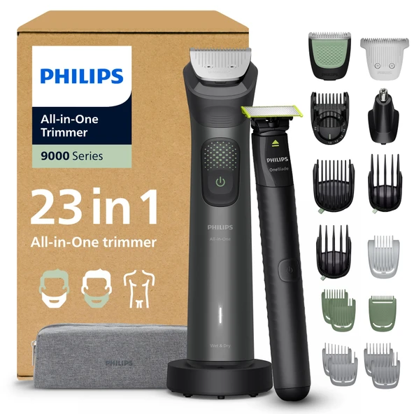 Philips Multigroom Series 9000 Hepsi Bir Arada 23 parçalı sakal düzeltici, saç düzeltici ve OneBlade düzeltici - yüz, baş ve vücut için eksiksiz bakım seti, 27 uzunluk ayarı (0,2-20 mm), MG9561/30 ürün görseli 1