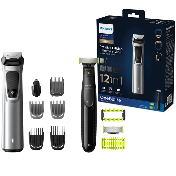 Philips Multigroom Series 9000 Yüz, saç ve vücut için OneBlade içeren 12'si 1 arada stil seti (model MG9710/90) ürün görseli 1