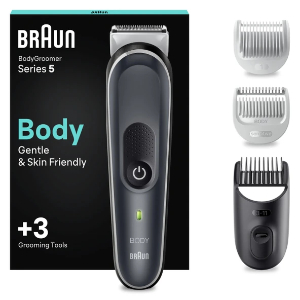Braun Bodygroomer Series 5, 3 aksesuarlı erkek elektrikli vücut tıraş makinesi, özel bölge ve vücut için kablosuz düzeltici, 100 dakikalık pil, su geçirmez vücut kılı düzeltici, BG5340, gri ürün görseli 1