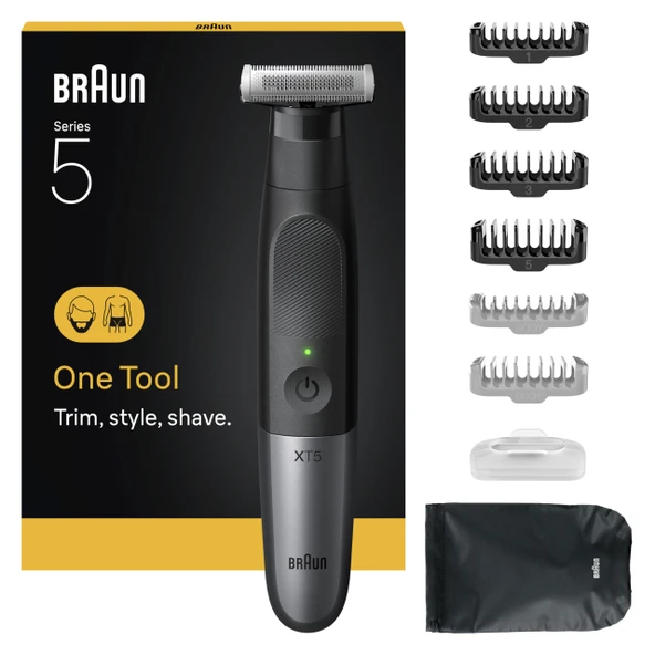 Braun Serisi XT5 Yüz ve Vücut, Elektrikli Tıraş Makinesi, Sakal Düzeltme Makinesi ve Vücut Bakım Seti, 7 Aksesuar, Hassas Tarak Bağlantılı Vücut Tıraş Makinesi, 45 Dakika Pil, Su Geçirmez, XT5200, Gri ürün görseli 1