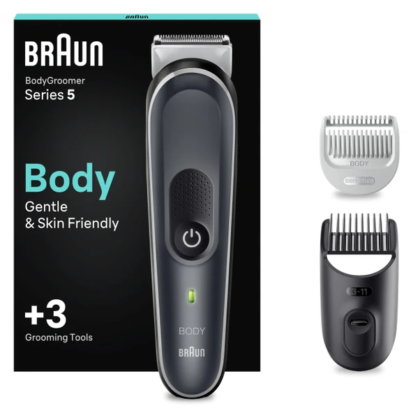 Braun Bodygroomer Series 5, 3 aksesuarlı erkek elektrikli vücut tıraş makinesi, özel bölge ve vücut için kablosuz düzeltici, 100 dakikalık pil, su geçirmez vücut kılı düzeltici, BG5350, gri ürün görseli 1