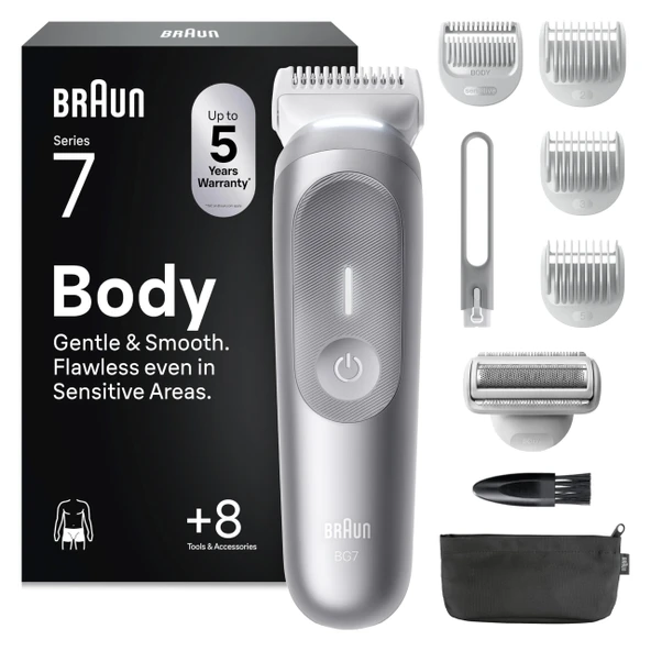 Braun Bodygroomer Series 7, erkek kablosuz vücut tıraş makinesi, BG7555, gri - özel bölge ve vücut için düzeltici, 100 dakikalık vücut kılı düzeltici. pil, su geçirmez, 8 aksesuar ve kutu içerir ürün görseli 1