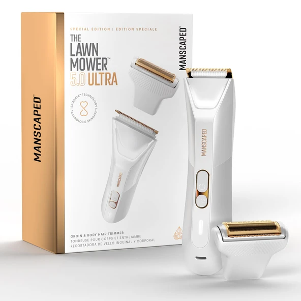MANSCAPED® The Lawn Mower® 5.0 Ultra Erkek ve Kadın Kasık ve Vücut Tüyü Kesme Makinesi Çift Kafalı SkinSafe Düzeltici ve Folyo Bıçakları Suya Dayanıklı Islak/Kuru Bakım,USB-C Şarj Edilebilir,Beyaz ürün görseli 1