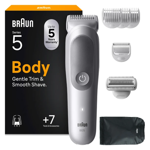 Braun Bodygroomer Series 5, 7 aksesuarlı erkek elektrikli vücut tıraş makinesi, mahrem bölge ve vücut için kablosuz düzeltici, 100 dakikalık pil, su geçirmez vücut kılı düzeltici, BG5555, gri ürün görseli 1