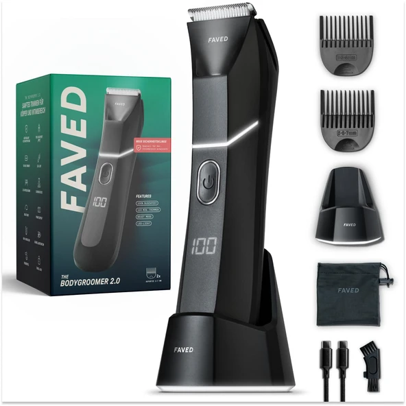 FAVED Bodygroomer 2.0 özel tıraş makinesi ve vücut kılı düzeltici, erkekler için devrim niteliğinde güvenlik bıçağı, 120 dakika güç, duşa dayanıklı, LED ışık, canavar modu - Almanya'dan ürün görseli 1