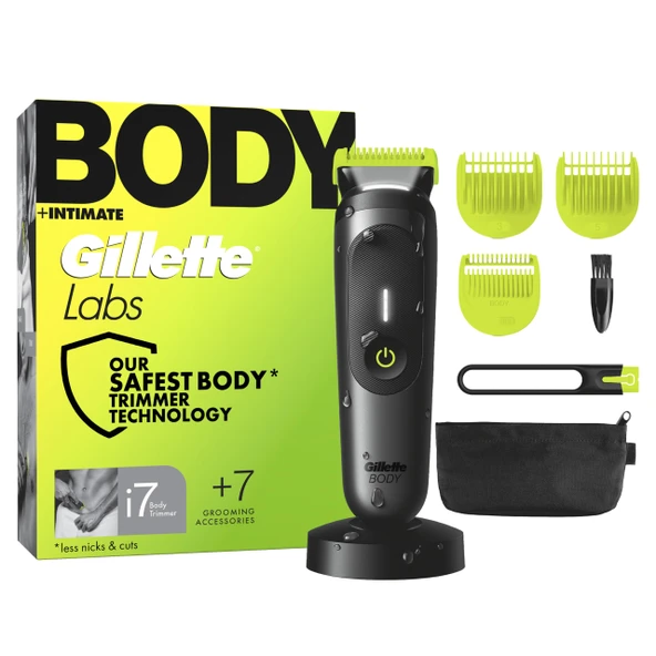 GilletteLabs i7 Body + SkinFirst Teknolojisine Sahip Erkek Mahrem Tıraş Makinesi - Vücut Tıraş Makinesi, Suya Dayanıklı - Dahil. LED Işık, Duş Tutucu ve Şarj Standı - Siyah/Yeşil ürün görseli 1