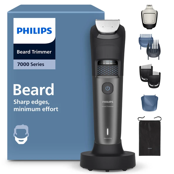 Philips Sakal Kesme Makinesi 7000 Serisi - Kendiliğinden Bilenen Metal Bıçaklar, 40 Uzunluk Ayarı, BeardSense Teknolojisi, Saç Toplayıcı, %100 Su Geçirmez, Şarj Tabanı, Saklama Kutusu, Model BT7660/15 ürün görseli 1