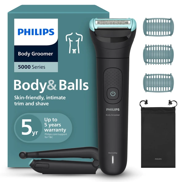 Erkekler için Philips Bodygroom 5000 - üçlü korumalı tıraş sistemi, özel bölgede elektrikli düzeltme ve tıraş,katlanabilir sırt aparatı,%100 duşa dayanıklı, 100 dakika. çalışma süresi, model BG5480/15 ürün görseli 1