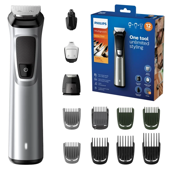 Philips Multigroom Series 7000 12'si 1 arada, DualCut teknolojisine sahip yüz, saç ve vücut (model MG7735/15) ürün görseli 1