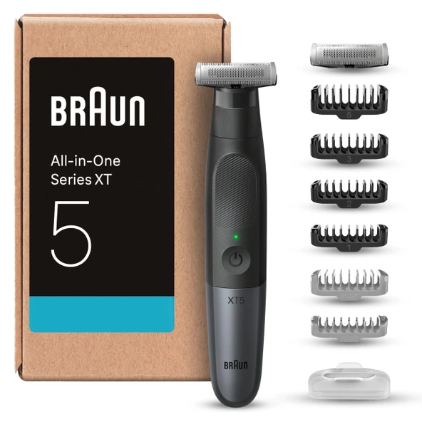 Braun Serisi XT5 Yüz ve Vücut, Elektrikli Tıraş Makinesi, Sakal Düzeltme ve Vücut Düzeltici, 8 Aksesuar, Hassas Tarak Bağlantılı Vücut Tıraş Makinesi, 45 Dakika Pil,Su Geçirmez, XT5270, Gri ürün görseli 1