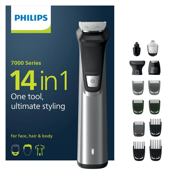 Philips Multigroom Series 7000 14'ü 1 arada, DualCut teknolojisiyle yüz, saç ve vücut için (model MG7745/15) ürün görseli 1