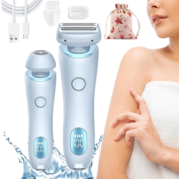Kadın tıraş makinesi, vücut ve yüz için 2'si 1 arada özel tıraş makinesi, ıslak ve kuru kullanım için su geçirmez (mavi x 2 parça). ürün görseli 1
