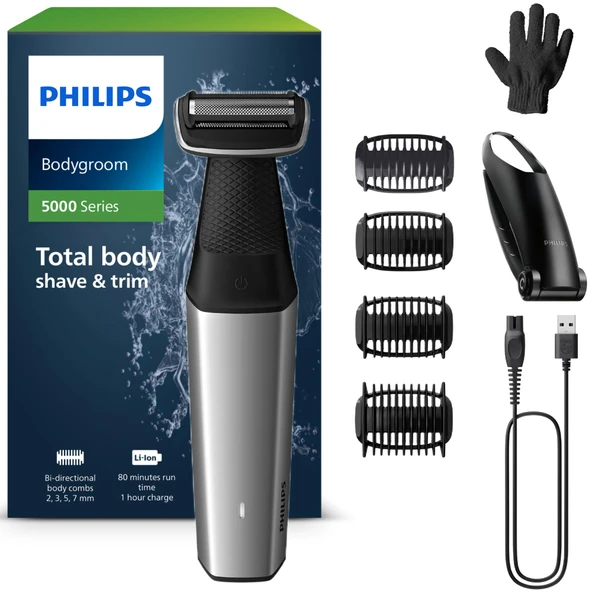 Philips Bodygroom Series 5000, özel bölge ve vücut için su geçirmez düzeltici, yakın ve rahat tıraş, sırt dahil tüm vücut bakımı, 60 dk. çalışma süresi, model BG5021/16 ürün görseli 1