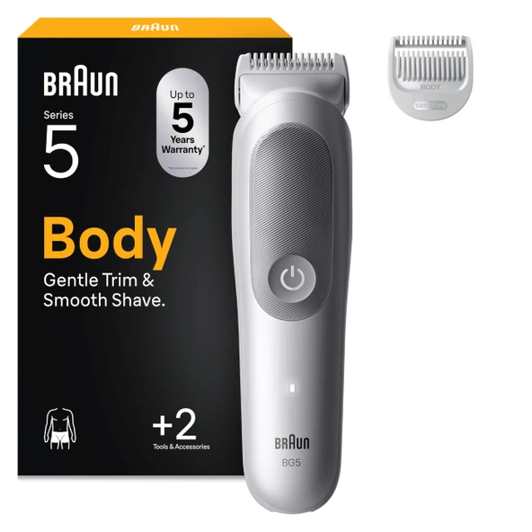 Braun Bodygroomer Series 5, 2 aksesuarlı erkek elektrikli vücut tıraş makinesi, özel bölge ve vücut için kablosuz düzeltici, 100 dakikalık pil, su geçirmez vücut kılı düzeltici, BG5500, gri ürün görseli 1