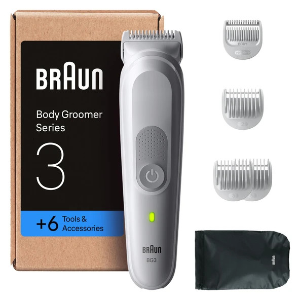 Braun Bodygroomer Series 3, 6 aksesuarlı erkek elektrikli vücut tıraş makinesi, özel bölge ve vücut için kablosuz düzeltici, 80 dakikalık pil, su geçirmez vücut kılı düzeltici, BG3575, gri ürün görseli 1