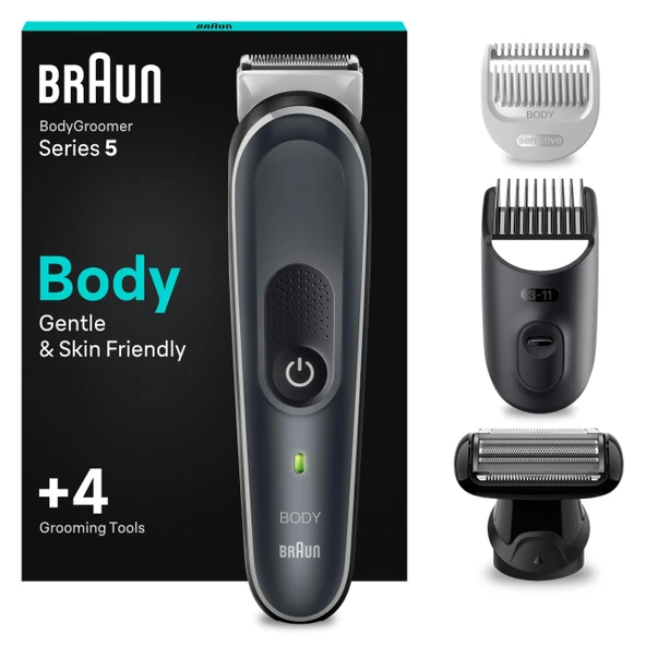 Braun Bodygroomer Series 5, 4 aksesuarlı erkek elektrikli vücut tıraş makinesi, özel bölge ve vücut için kablosuz düzeltici, 100 dakikalık pil, su geçirmez vücut kılı düzeltici, BG5370, gri ürün görseli 1
