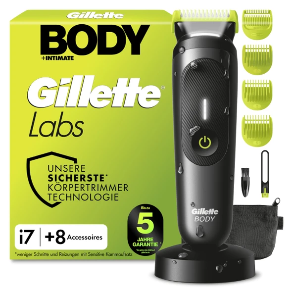 GilletteLabs i7 Body + SkinFirst Teknolojisine Sahip Erkek Tıraş Makinesi - Vücut Suya Dayanıklı - Dahil. LED Işık, Duş Tutucu ve Şarj Standı - Siyah/Yeşil ürün görseli 1
