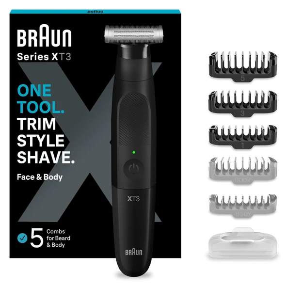 Braun Serisi XT3 Yüz ve Vücut, Elektrikli Tıraş Makinesi, Sakal Düzeltme Makinesi ve Vücut Bakım Seti, 7 Aksesuar,Hassas Tarak Bağlantılı Vücut Tıraş Makinesi,45 Dakika Pil, Su Geçirmez, XT3200, Siyah ürün görseli 1