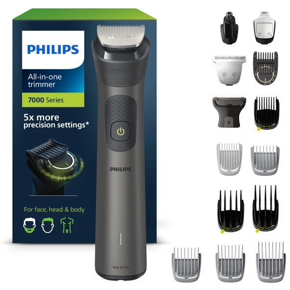 Erkekler için Philips Multigroom 7000, Hepsi Bir Arada Düzeltici, Yüz, Baş ve Vücut için 15'i Bir Arada Elektrikli Sakal Düzeltici ve Saç Düzeltici - 26 Uzunluk Ayarı (0,5-20 mm) (MG7950/15) ürün görseli 1
