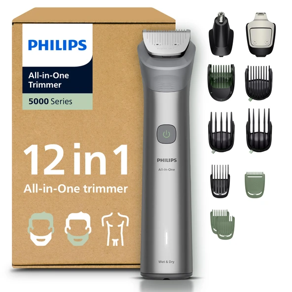 Philips Multigroom Series 5000 Hepsi Bir Arada Yüz, baş ve vücut için 12 parçalı sakal düzeltici ve saç düzeltici, kendiliğinden bilenen metal bıçaklar, 20 uzunluk ayarı (0,5-20 mm), model MG5952/30 ürün görseli 1