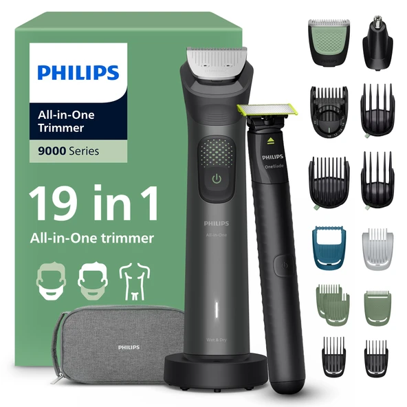 Philips  Multigroom Series 9000 Hepsi Bir Arada 19 parçalı sakal düzeltici ve saç kesme makinesi  OneBlade düzeltici yüz baş ve vücut için eksiksiz bakım seti, 27 uzunluk ayarı (0,2-20 mm), MG9556/15 ürün görseli 1
