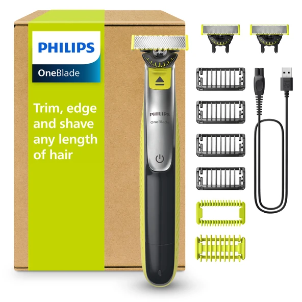 Philips  OneBlade 360 ​​Yüz ve Vücut elektrikli düzeltici ve vücut bakım seti,3x 360 bıçak,4x düzeltme aparatı (1/2/3/5mm) 2x vücut aparatı,yüz ve vücut için ıslak ve kuru tıraş (QP2834/31) ürün görseli 1