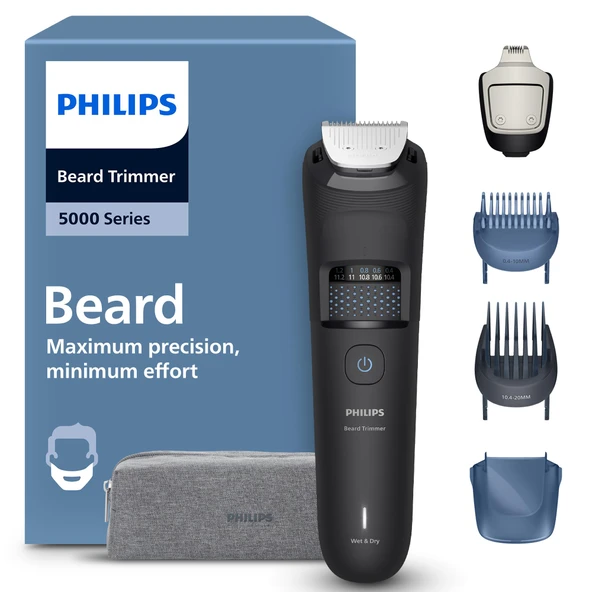Philips Sakal Kesme Makinesi 5000 Serisi - Kendiliğinden Bilenen Metal Bıçaklar, 40 Uzunluk Ayarı, BeardSense Teknolojisi, Saç Toplayıcı, %100 Su Geçirmez, Seyahat Çantası, Model BT5765/15 ürün görseli 1