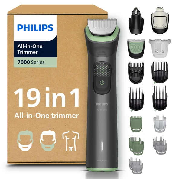 Philips Multigroom 7000 Erkekler için - Hepsi Bir Arada Yüz, baş ve vücut için 19 parçalı sakal düzeltici ve saç düzeltici, kendiliğinden bilenen bıçaklar, 26 uzunluk ayarı (0,5-20 mm), MG7962/30 ürün görseli 1